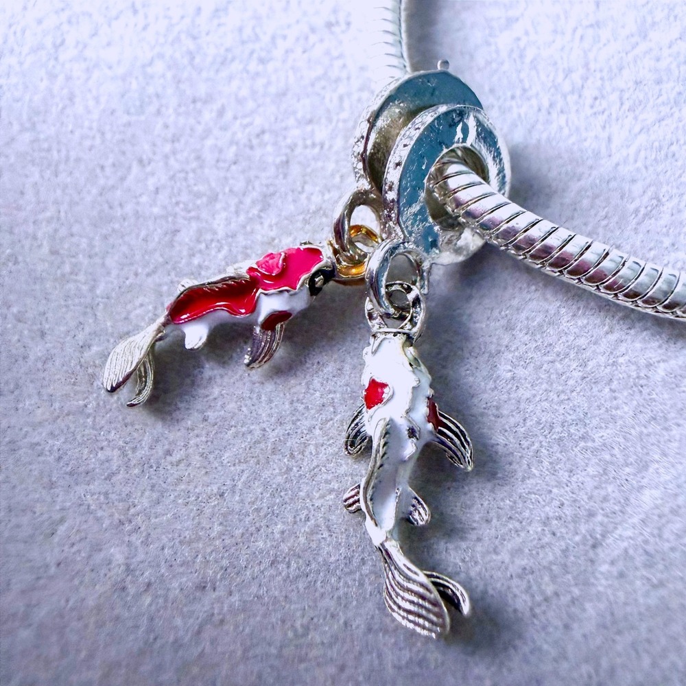 TWO Koi Fish Red & White Enamel Dangle European Charms fits PANDORA